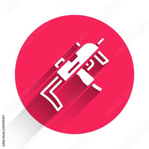 White MP9 submachine gun icon isolated with long shadow. Automatic weapon. Red circle button. Vector.