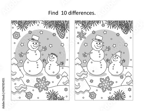 Find 10 differences visual puzzle and coloring page with two snowmen friends
