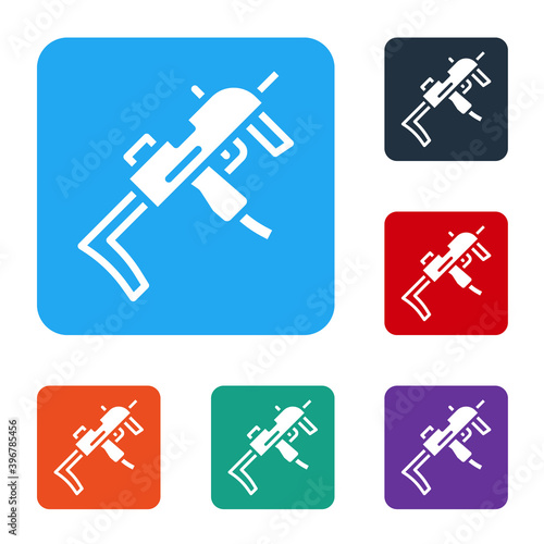 White MP9 submachine gun icon isolated on white background. Automatic weapon. Set icons in color square buttons. Vector.