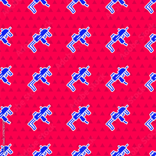 Blue MP9 submachine gun icon isolated seamless pattern on red background. Automatic weapon. Vector.