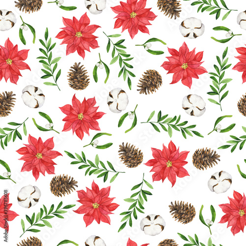 Seamless pattern with red poinsettia flowers, mistletoe, cotton branch, green leaves and pine cones on white background. Hand drawn watercolor illustration.