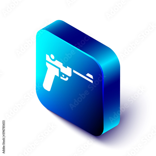 Isometric Mauser gun icon isolated on white background. Mauser C96 is a semi-automatic pistol. Blue square button. Vector.
