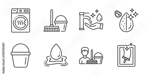 Bucket, Dirty water and Washing hands line icons set. Cleaning service, Bucket with mop and Window cleaning signs. Dryer machine, Water splash symbols. Quality line icons. Bucket badge. Vector