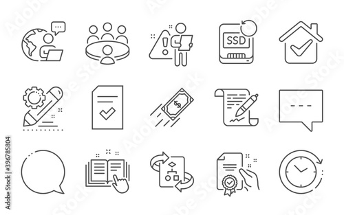 Agreement document, Meeting and Blog line icons set. Certificate, Fast payment and Recovery ssd signs. Technical documentation, Time change and Checked file symbols. Line icons set. Vector
