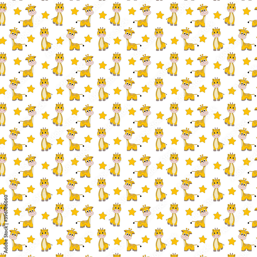 Seamless pattern with giraffes. Yellow cuties. Stars around Seamless pattern with giraffes. Yellow cuties. Stars around
