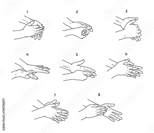 Hand washing instructions black and white illustrations set. Palms and fingers cleaning steps sketches pack. Routine individual hygiene procedure stages drawings. Infographic.