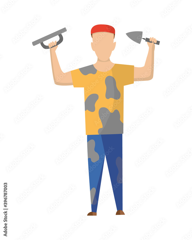 Builder. Painter. Construction worker with professional equipment during building activity. Vector illustration. Professional construction worker character Builder. Painter. Construction worker with professional equipment during building activity. Vector illustration. Professional construction worker character