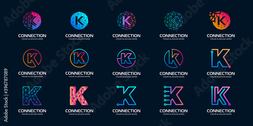 set of creative letter K Modern Digital Technology Logo Design. The logo can be used for technology, digital, connection, electric company.