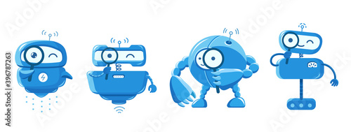 Robot search mascot and loupe. look for the information. With magnifying glass. Different types. Small blue smart character. Cartoon vector flat.