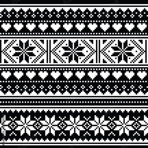 Scottish Fair Isle style traditional knitwear vector seamless pattern, retro Shetlands knit repetitive designs with snowflakes and hearts in white on black background photo