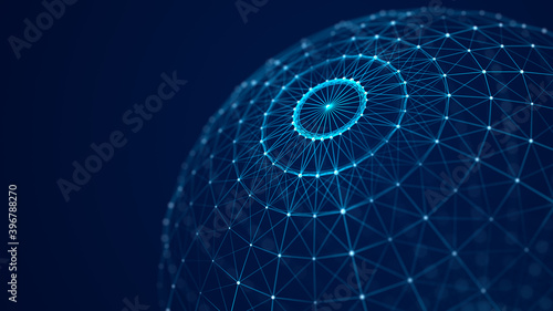 Technology blue sphere with connecting dots and liles. Digital abstract network structure. 3D rendering. photo