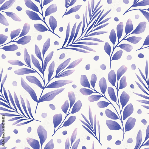 Watercolor seamless floral pattern. Botanical modern background with leaves. Hand-drawn illustration for fabric, textile, wallpaper, print design.