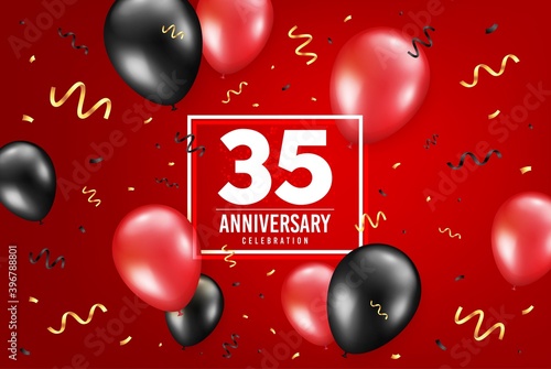 35 years anniversary. Anniversary birthday balloon confetti background. Thirty five years celebrating icon. Celebrate red banner. Birthday party balloon background. Age in a frame box. Vector