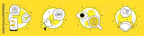 Engineering team, User info and Refund commission line icons set. Cell phone, megaphone and deal vector icons. Search sign. Engineer person, Update profile, Cashback card. Find document. Vector