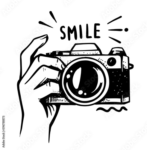 man hand holding camera on white background