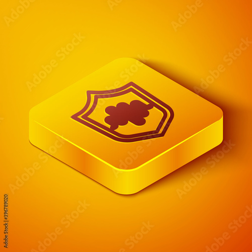 Isometric line Shield voice recognition icon isolated on orange background. Voice biometric access authentication for personal identity recognition. Yellow square button. Vector.