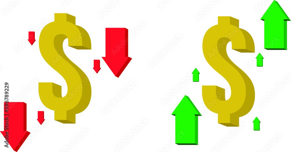 money symbol with red arrows showing price down and another one showing money symbol with green arrow going up money symbol with red arrows showing price down and another one showing money symbol with green arrow going up