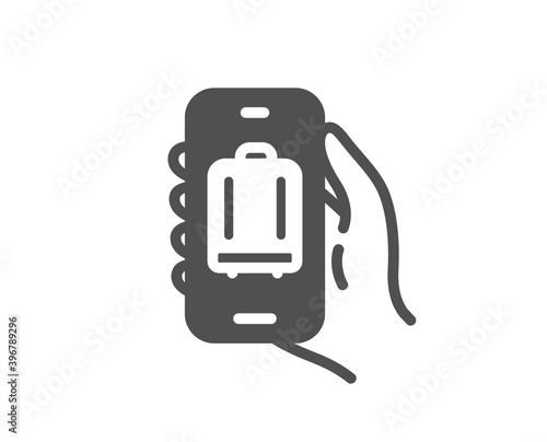 Baggage app icon. Hand hold phone sign. Cellphone with luggage screen notification symbol. Quality design element. Flat style baggage app icon. Editable stroke. Vector