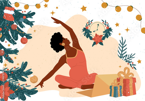Pregnant African black woman practices yoga in front of a laptop monitor. New Year and Christmas master classes for expectant mothers online. Flat vector illustration