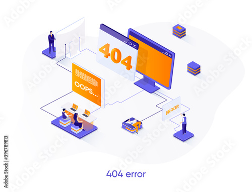 404 error isometric web banner. System updates, internet disconnect isometry concept. Web page not found 3d scene, site undergoing maintenance flat design. Vector illustration with people characters.