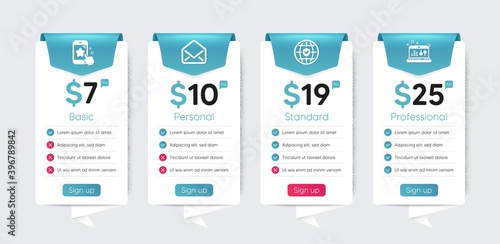 Included icon as Star rating, Mail, Global insurance signs. Price table template, business plan chart. Technology icons set. Sound check flat icons. Phone feedback, E-mail, Full coverage. Vector