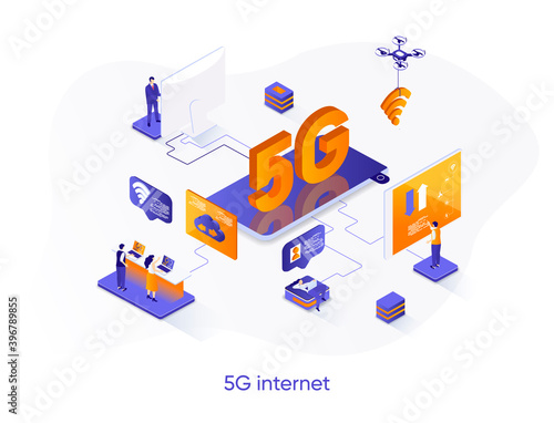 5G Internet isometric web banner. Mobile telecommunication system isometry concept. 5G generation standard 3d scene, cellular network technology flat design. Vector illustration with people characters