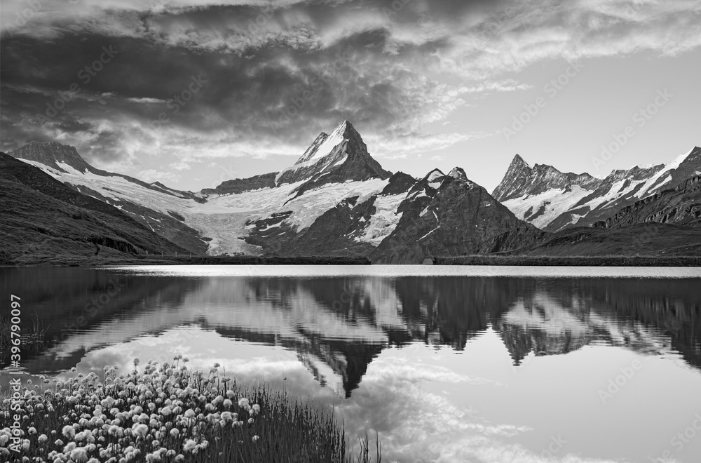 Beautiful day at Bernese range above Bachalpsee lake. Peaks Eiger, Jungfrau and Faulhorn in famous location. Switzerland alps, Grindelwald valley