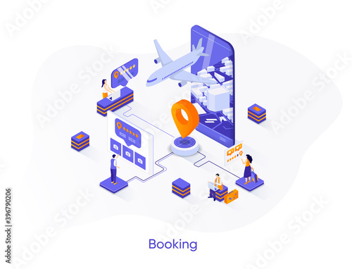 Flight booking isometric web banner. Airline tickets reservation isometry concept. Mobile application for online booking service 3d scene. Vector illustration with people characters in flat style.