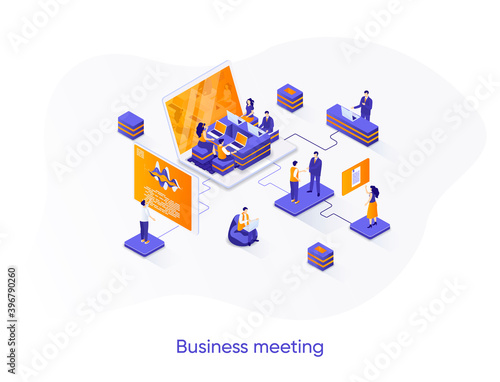Business meeting isometric web banner. Teamwork collaboration on project isometry concept. Business team synergy 3d scene, partners meeting flat design. Vector illustration with people characters.