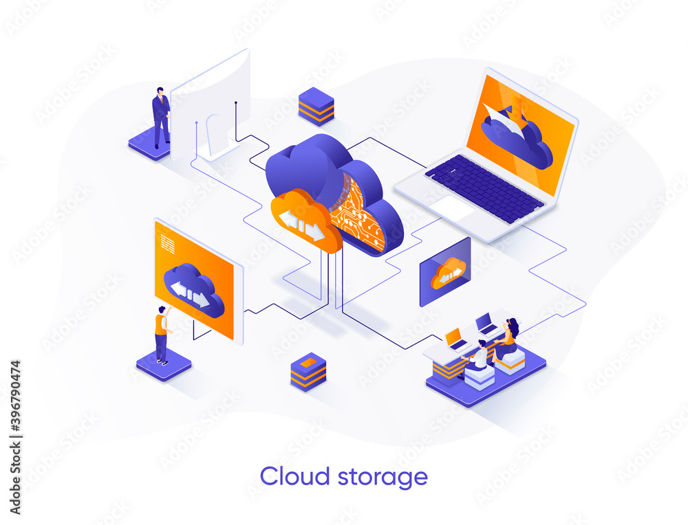 Cloud storage isometric web banner. Secure cloud storage, database system isometry concept. Internet hosting provider 3d scene, data center flat design. Vector illustration with people characters.