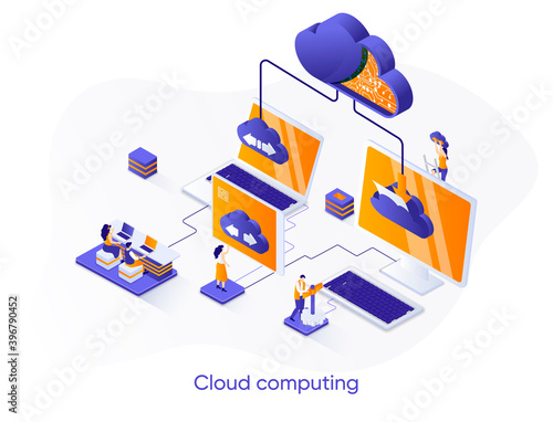 Cloud computing isometric web banner. Hosting platform isometry concept. Big data processing service 3d scene, cloud database administration flat design. Vector illustration with people characters.