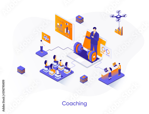 Coaching isometric web banner. Business motivation and mentoring isometry concept. Online coaching conference 3d scene, professional training flat design. Vector illustration with people characters.