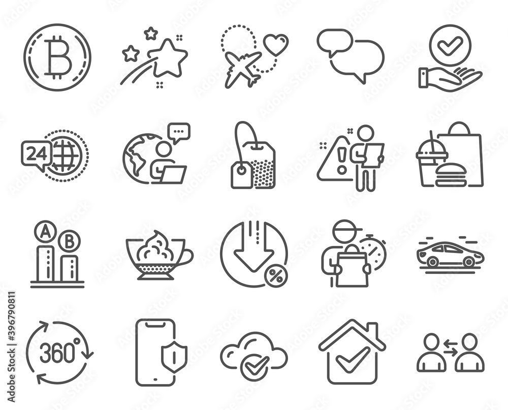 Line icons set. Included icon as Smartphone protection, Approved checkbox, Tea bag signs. Car, Espresso cream, Cloud computing symbols. Loan percent, Honeymoon travel, 360 degree. Bitcoin. Vector Line icons set. Included icon as Smartphone protection, Approved checkbox, Tea bag signs. Car, Espresso cream, Cloud computing symbols. Loan percent, Honeymoon travel, 360 degree. Bitcoin. Vector