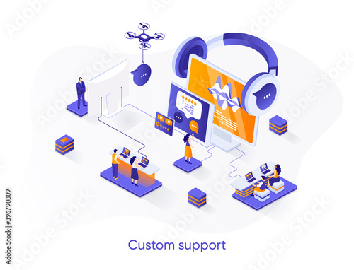 Custom support isometric web banner. Call center service isometry concept. Online customer assistance 3d scene, hotline consultation and help chat design. Vector illustration with people characters.