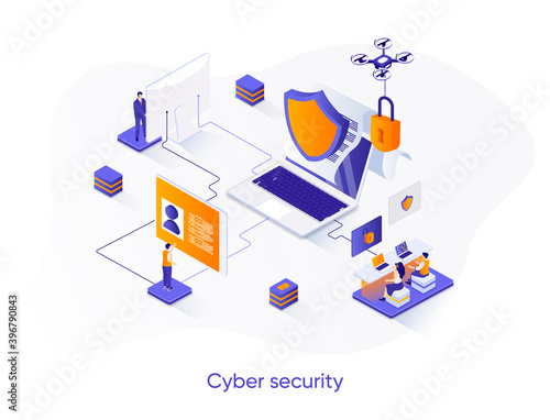 Cyber security isometric web banner. Network and data protection isometry concept. Firewall software 3d scene, Internet privacy and identification design. Vector illustration with people characters.
