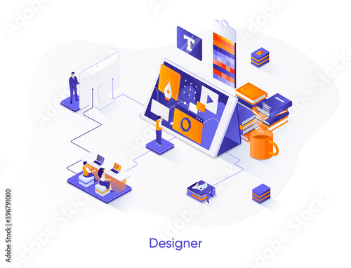 Designer isometric web banner. Website development, UI UX design isometry concept. Product branding 3d scene, creativity and ideas visualization flat design. Vector illustration with people characters