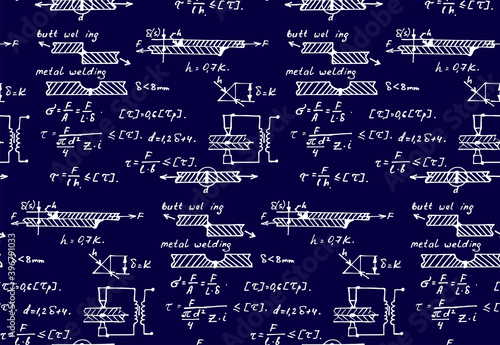 Background with physics formulas and equations. Materials - metal welding. Vintage blueprint. Vector seamless pattern.