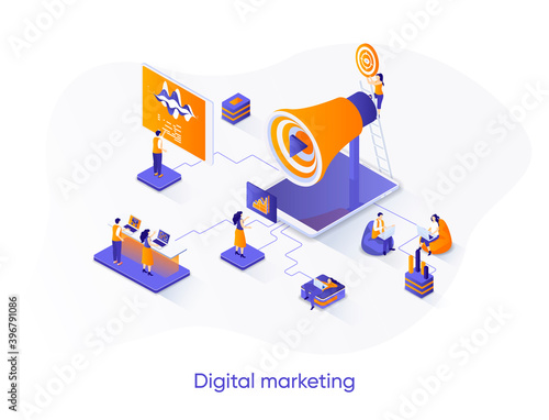Digital marketing isometric web banner. Marketing research isometry concept. Business analytics and presentation 3d scene, promotion and advertising design. Vector illustration with people characters.