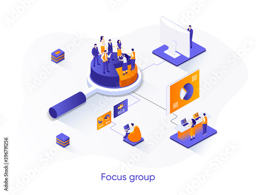 Focus group isometric web banner. Market research isometry concept. Collective discussion and feedbacks 3d scene, focused interview of consumers flat design. Vector illustration with people characters