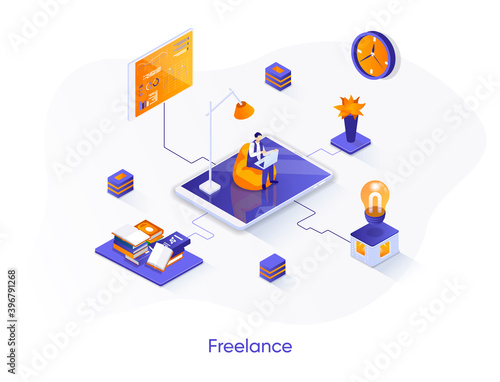 Freelance isometric web banner. Outsourcing development isometry concept. Professional self employed occupation 3d scene, remote workforce flat design. Vector illustration with people characters.