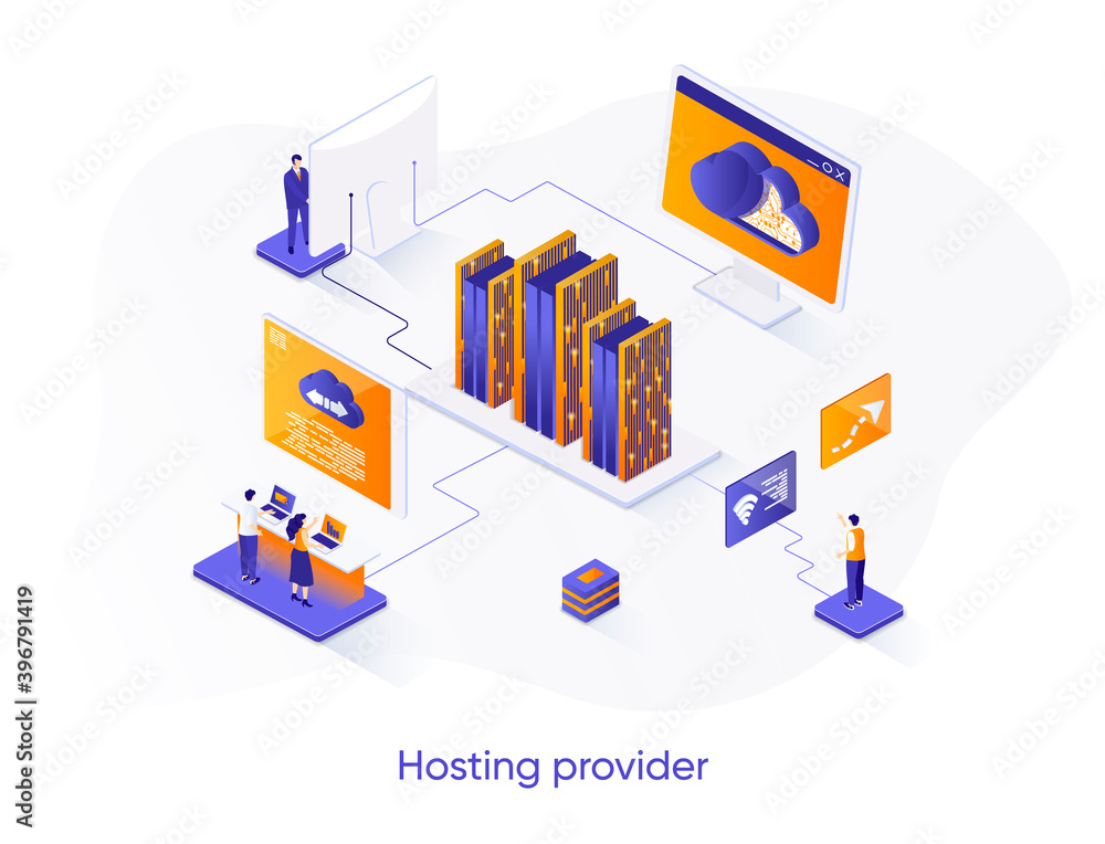 Obraz premium Hosting provider isometric web banner. Website hosting service isometry concept. Internet provider hardware technology, technical support 3d scene design. Vector illustration with people characters.