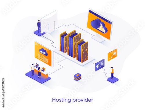 Hosting provider isometric web banner. Website hosting service isometry concept. Internet provider hardware technology, technical support 3d scene design. Vector illustration with people characters.