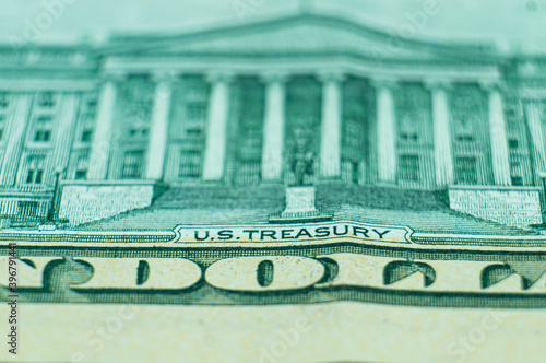 Imprint of the Treasury building on a dollar bill banknote