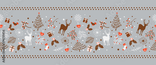 Christmas holiday background. Christmas reindeer, Xmas tree  leaves, floral ornament holiday concept seamless long border pattern, print background