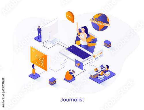 Journalist isometric web banner. Breaking news reportage with correspondent isometry concept. TV broadcasting 3d scene, news live streaming flat design. Vector illustration with people characters.