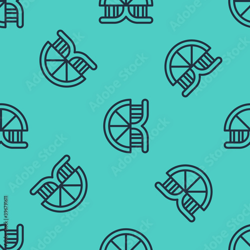 Black line Genetically modified citrus fruit icon isolated seamless pattern on green background. Orange in a cut. Healthy lifestyle. GMO fruit. Vector.