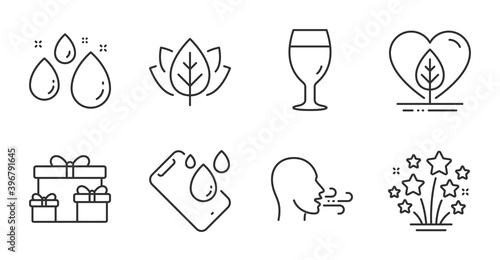 Organic tested, Fireworks stars and Water drop line icons set. Beer glass, Local grown and Breathing exercise signs. Surprise boxes, Smartphone waterproof symbols. Quality line icons. Vector