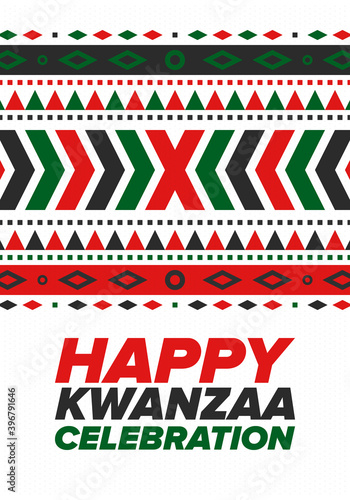 Kwanzaa Happy Celebration. African and African-American culture holiday. Seven days festival, celebrate annual from December 26 to January 1. Black history. Poster, card, banner and background. Vector