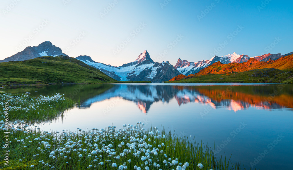 Beautiful day at Bernese range above Bachalpsee lake. Peaks Eiger, Jungfrau and Faulhorn in famous location. Switzerland alps, Grindelwald valley