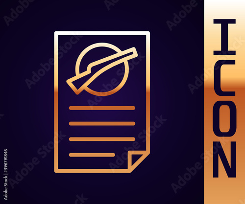 Gold line Firearms license certificate icon isolated on black background. Weapon permit. Vector.